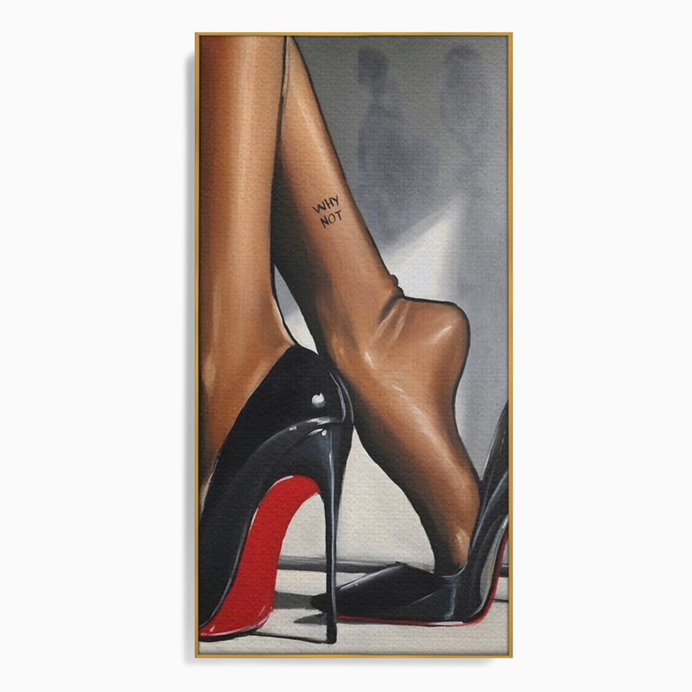 Tablou canvas cu ilustratie cu picioare si pantofi eleganti, in rama de aluminiu auriu